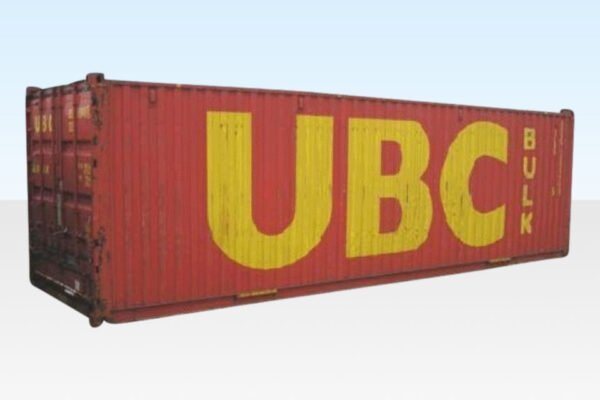 Used Bulk Shipping Container – Four Top Lids – Side and rear view of a red metal shipping container with yellow lettering