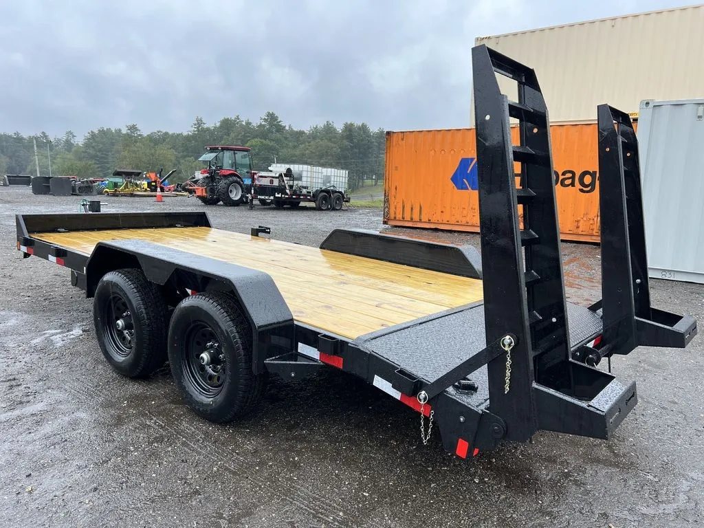 2024 Rice Trailers 16 ft Equipment Trailer – Toolbox – Rear three-quarter view from the left side showing the ramps and tires