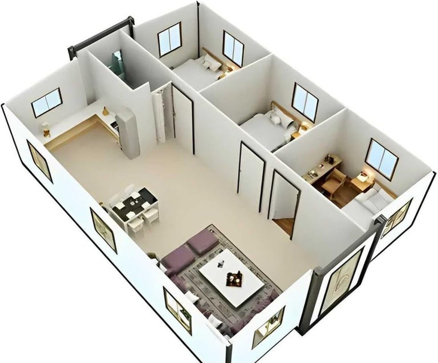 40ft Foldable Home – 3 Bedrooms, Glazed Front – Manufacturer layout: three bedrooms, living, dining, kitchen and one full bath