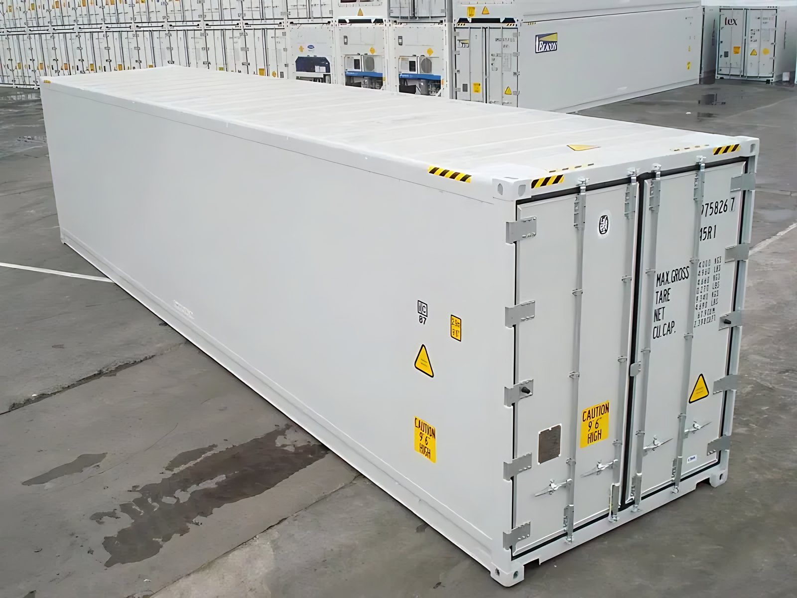 20ft High Cube Refrigerated Container – Adjustable Cold Storage – White refrigerated container with closed double doors in a yard of stacked containers