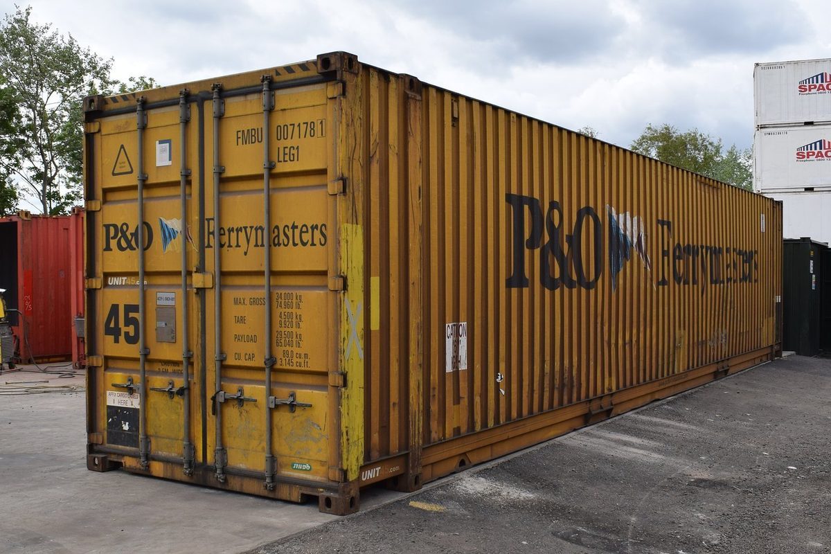 45ft High Cube Pallet Wide Container – Used, Cargo Worthy – three-quarter exterior view of weathered container with closed cargo doors