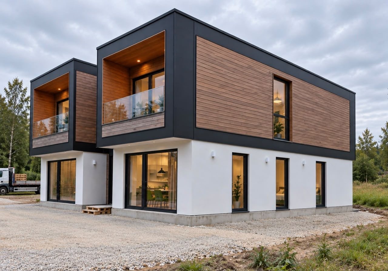 Four-Module Container Home – 3 Bedrooms, 2 Stories – Finished bedroom concept with a large glazed opening