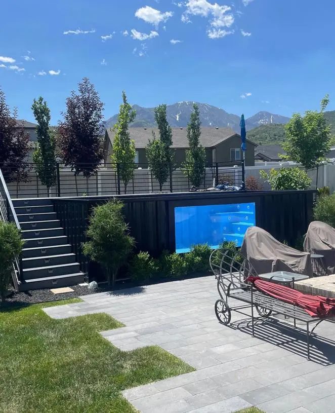 40ft Custom Container Pool – Side Viewing Window – backyard container pool with underwater window and exterior stairs
