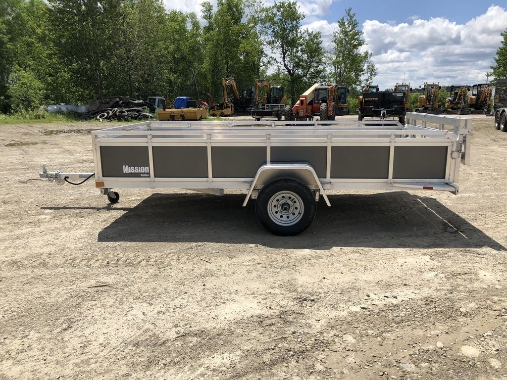 2022 Mission 6 × 12 ft Utility Trailer – Rear Ramp – Full side profile of the aluminum utility trailer showing the single axle and fender
