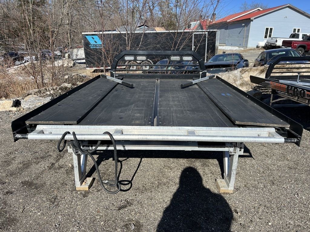 2023 Sno Pro 8 ft Sled Deck – Sliding Sides – Straight on rear view of the deck and the support frame