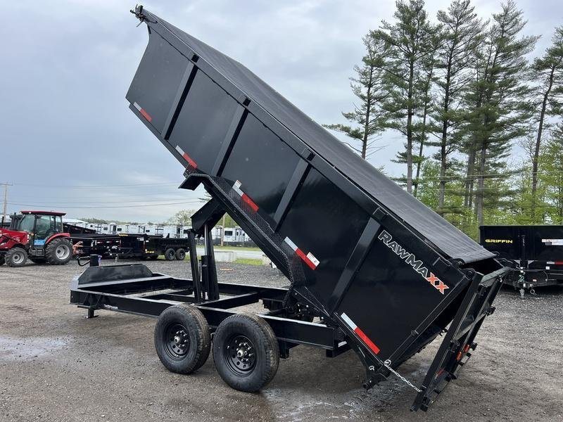 2024 RawMaxx 16 ft Dump Trailer – Tarp Kit – Side view of the dump trailer with the bed fully raised