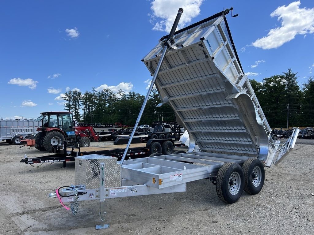 2024 Cargo Pro 12 ft Dump Trailer – Aluminum – Side view of the aluminum dump trailer with the bed fully raised