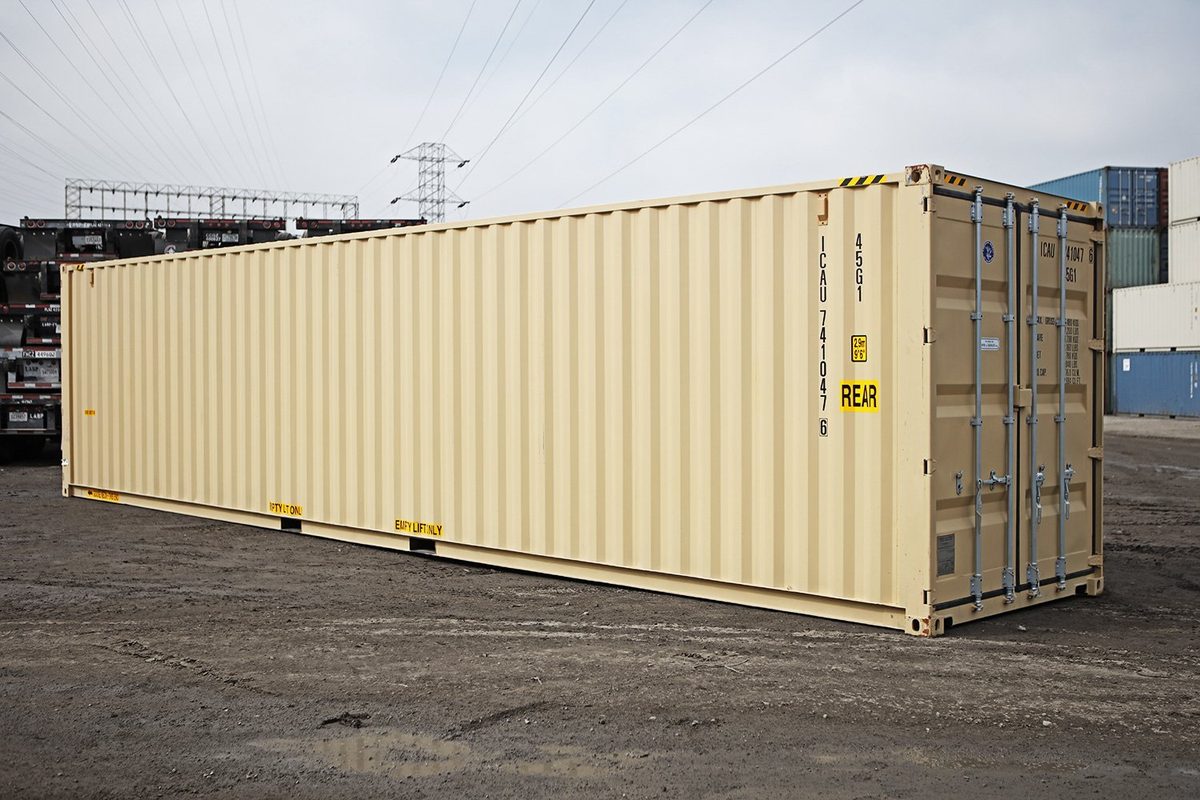 40ft One-Trip Shipping Container – High Cube – three-quarter exterior view of beige container with cargo doors closed