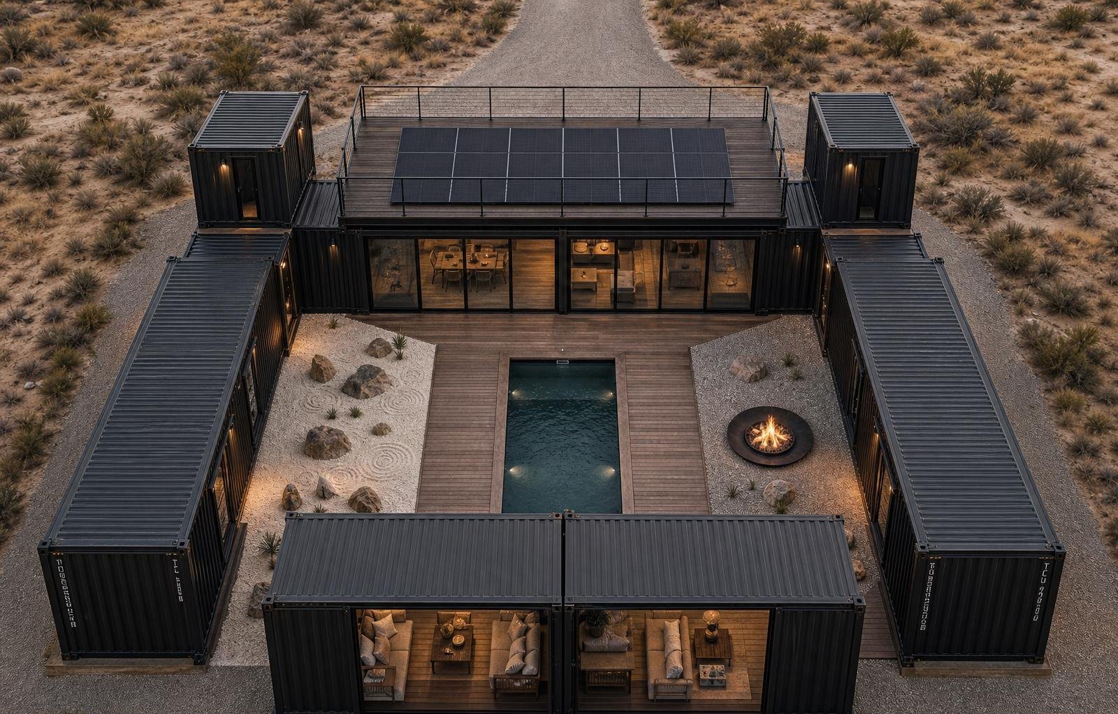 10-Module Container Home – The Ultimate, 3-Bedroom Courtyard – Experience the ultimate in modular living with a 10-module luxury container villa featuring a central plunge pool and desert xeriscaping