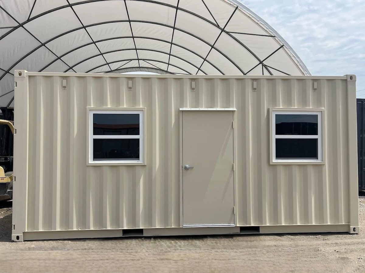 20ft High Cube Container Office – Side Entry and Two Windows – front exterior of container office with two windows and door