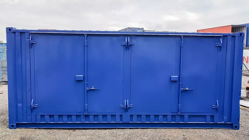 20ft Refurbished Bunded Container – Side Access Doors – blue container with two pairs of closed side access doors