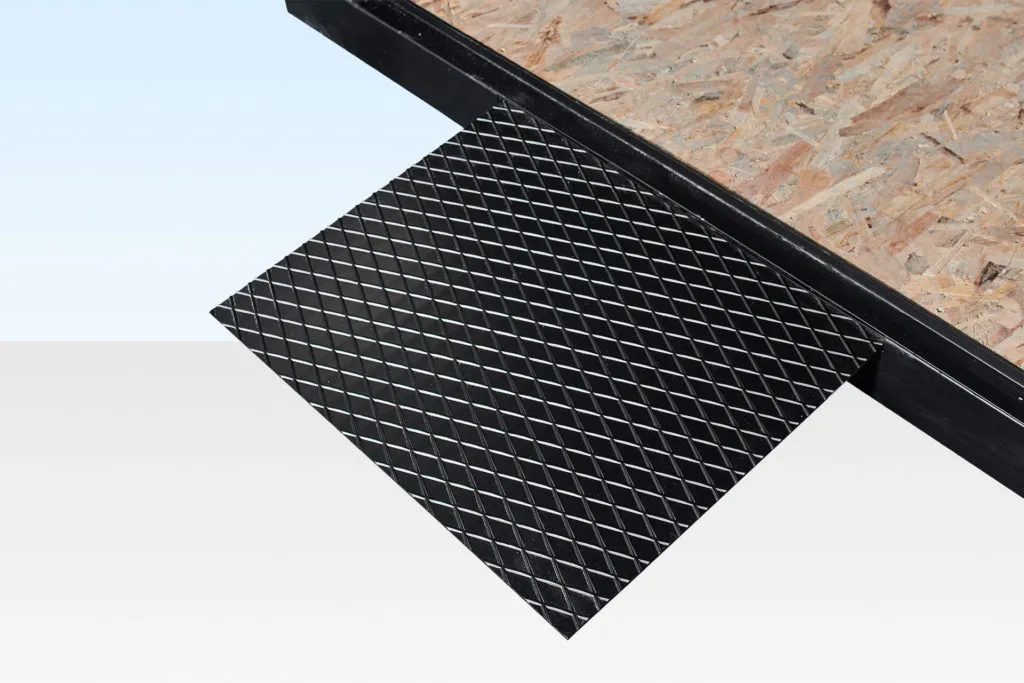 Flat Pack Steel Garden Store – Shelving And Retractable Ramp – black diamond tread ramp beside wood panel flooring
