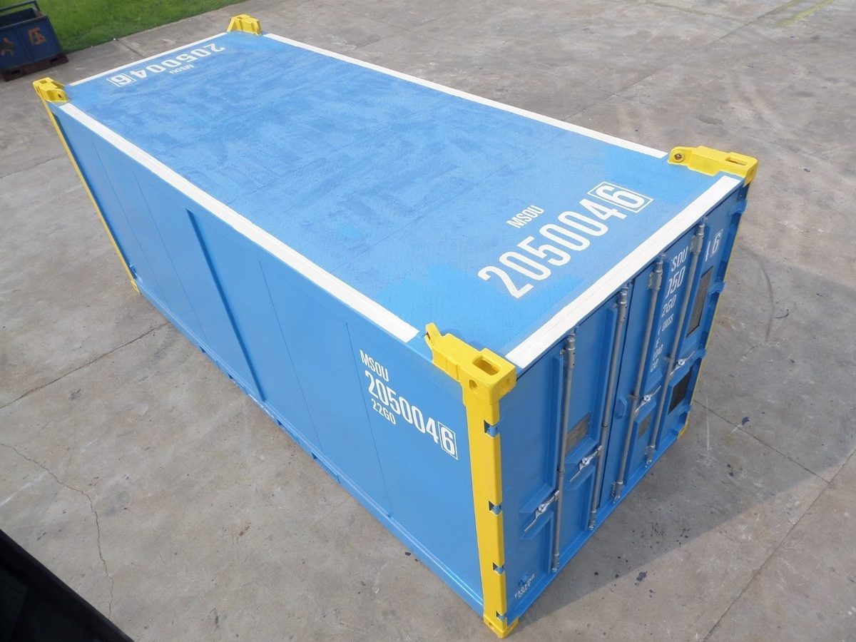 20ft Offshore Storage Container – DNV-Certified Lifting Slings – Elevated three-quarter exterior view with closed doors and yellow corners