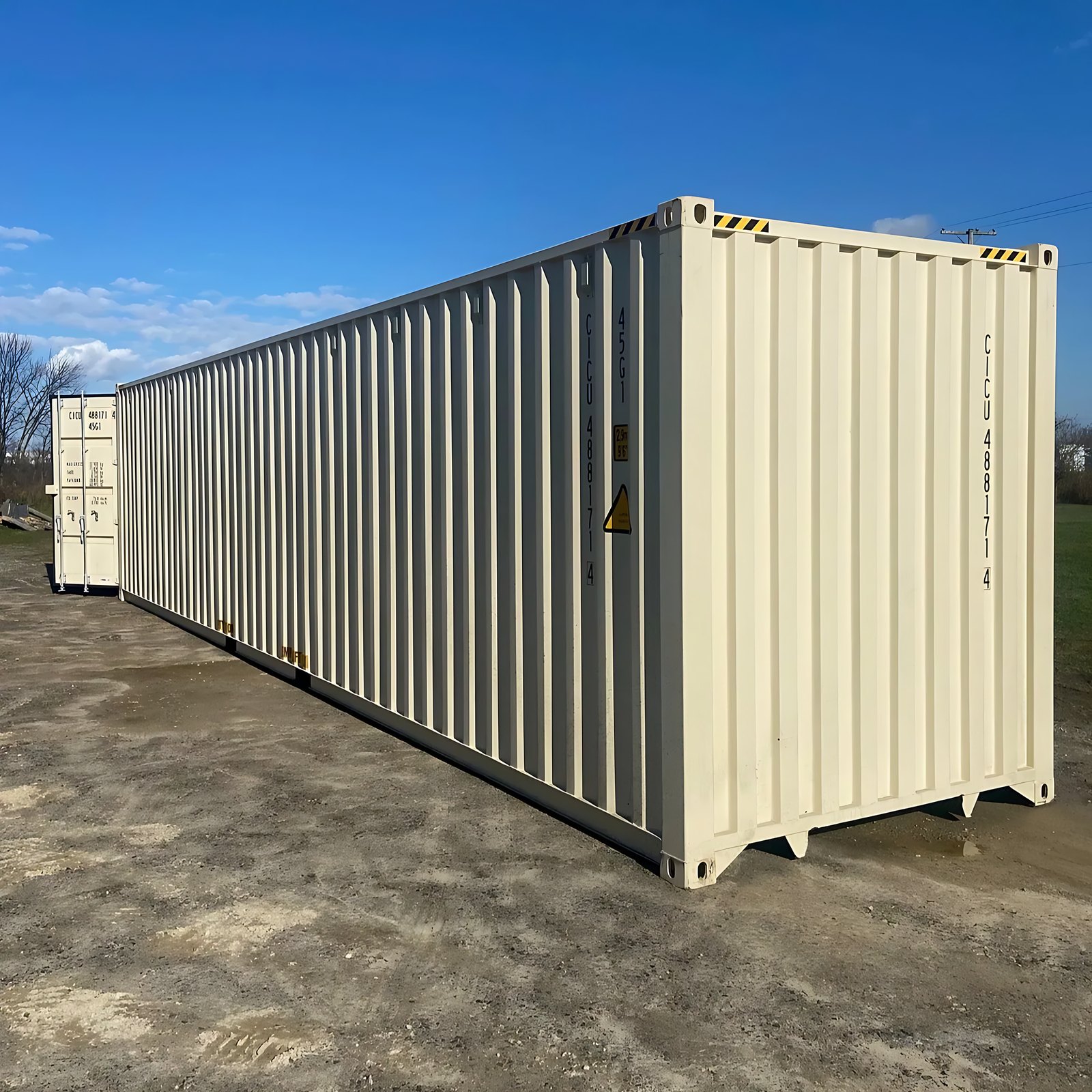 40ft High Cube Shipping Container – One-Trip, Double Cargo Doors – Three-quarter exterior view of container side and solid end