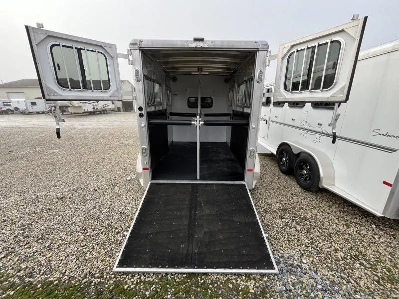 2019 Sundowner Charter 2 Horse Trailer – Warmblood Size – Rear view of the trailer with the ramp lowered and doors wide open