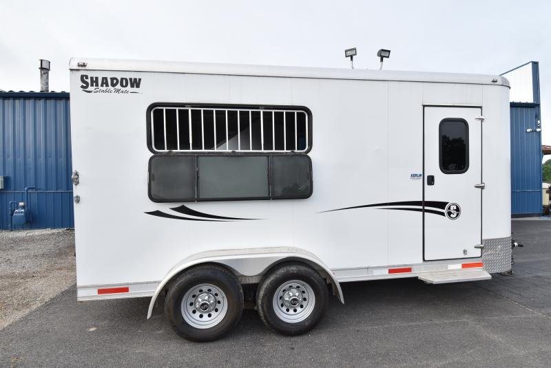 2021 Shadow 3 Horse Trailer – Fold-In Tack Wall – Full side view of the trailer featuring decals and aluminum fenders