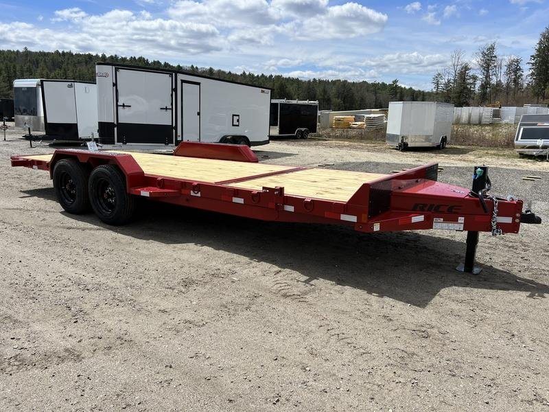 2024 Rice Trailers 22 ft Tilt Deck – Red, Toolbox – Opposite front three-quarter view of the red tilt deck equipment trailer