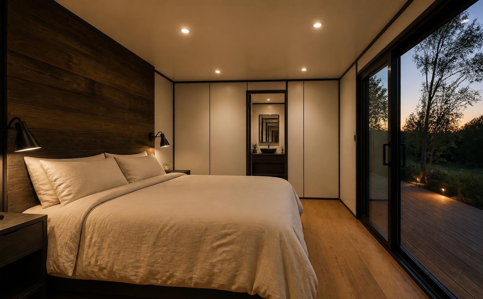 10-Module Container Home – The Ultimate, 3-Bedroom Courtyard – The recovery room within this 40ft container home includes a custom cedar sauna, cryotherapy unit, and relaxation lounge