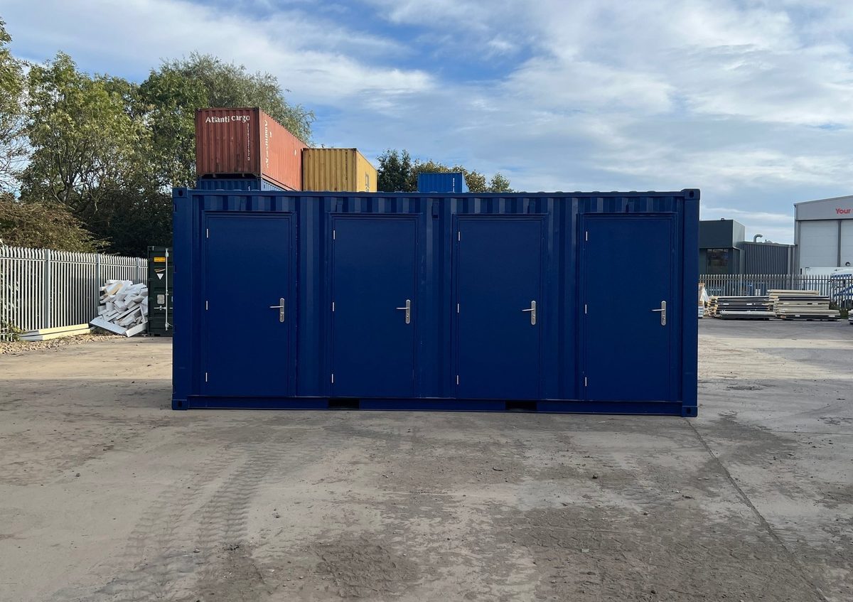 20ft New Shipping Container – Four-Door Storage Configuration – blue storage container with four separate access doors