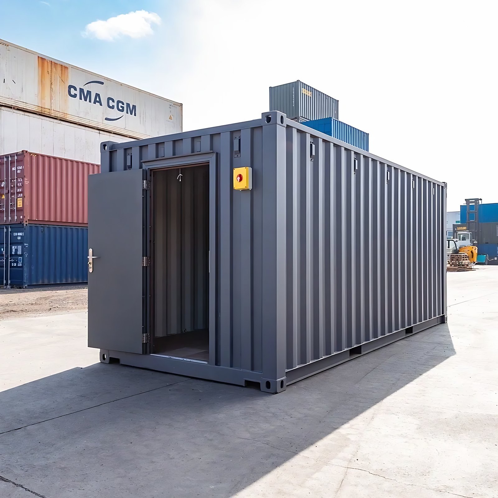 20ft Standard Shipping Container – Gray Finish, Double Doors – three-quarter exterior view of grey container with personnel door open