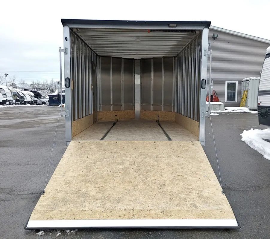 2024 Mission Trailers 12 ft Powersports – Side X Side – Looking into the back of the trailer with the ramp door fully open