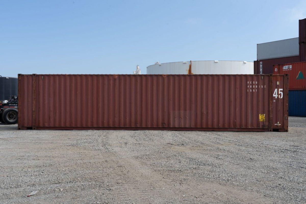 45ft High Cube Shipping Container – Used, Cargo Worthy – full side view of weathered container in storage yard
