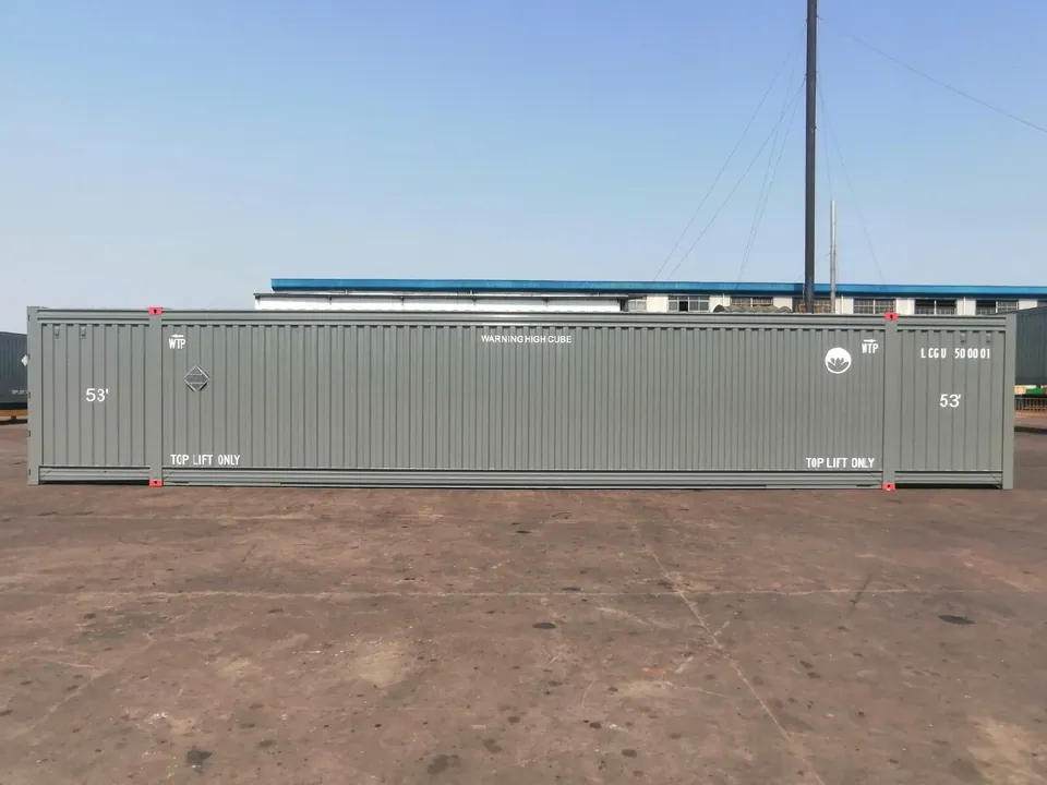 53ft High Cube Shipping Container – One-Trip, Rear Double Doors – full side view of gray container in industrial yard