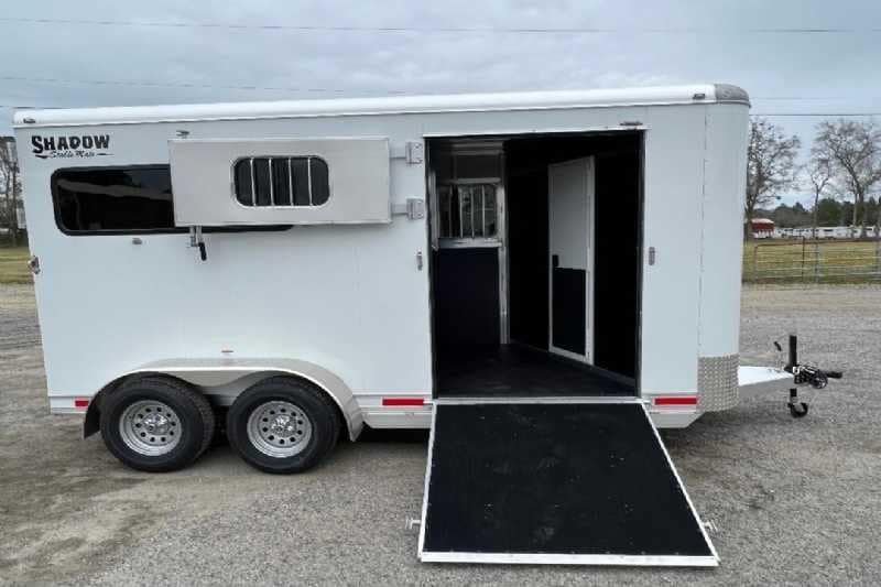 2023 Shadow 2HSSR 2 Horse Trailer – Extended Box – White trailer with side window open and loading ramp down