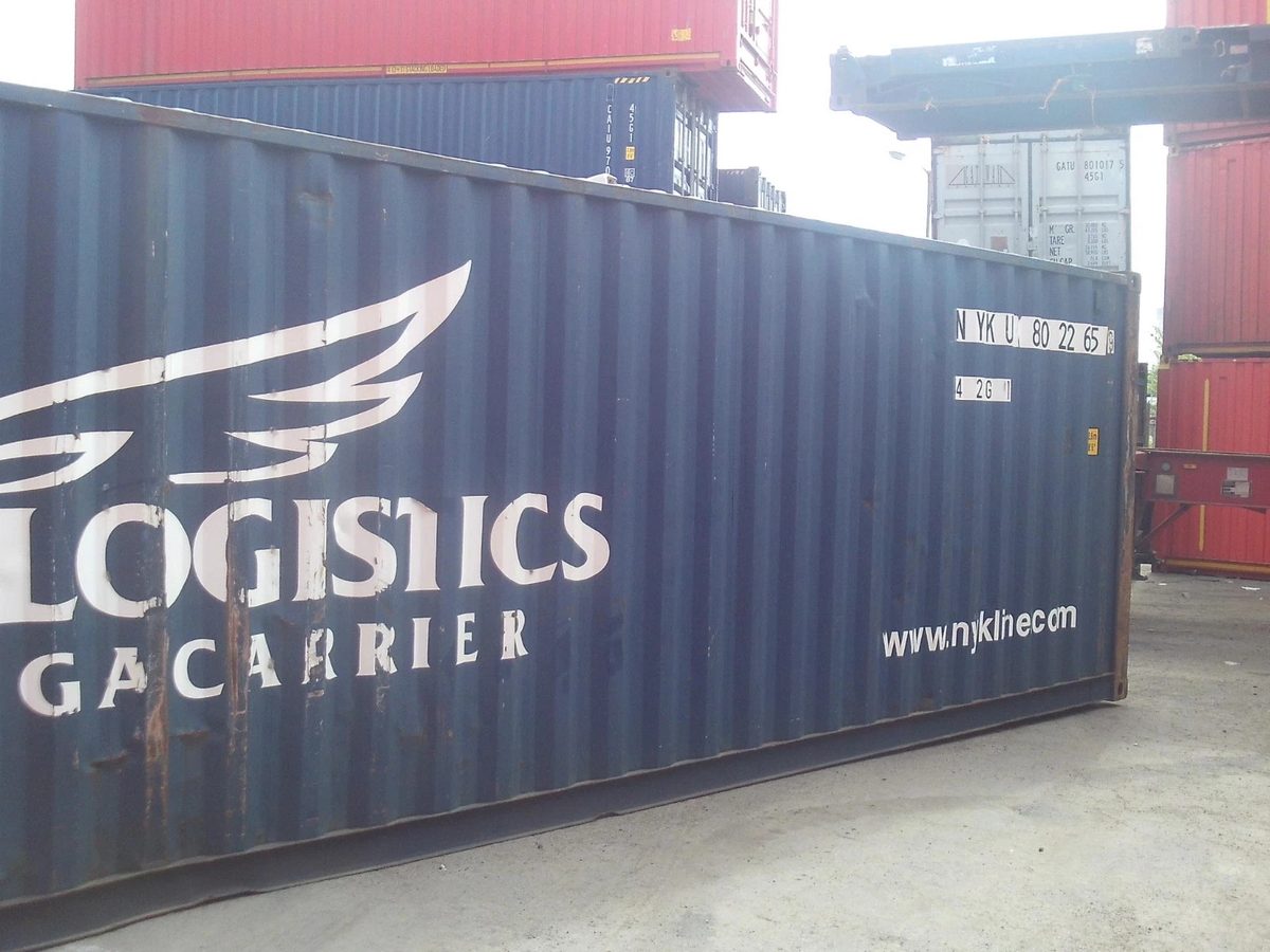 40ft Used Shipping Container – Standard Height, Double Doors – cropped blue container side with stacked containers behind