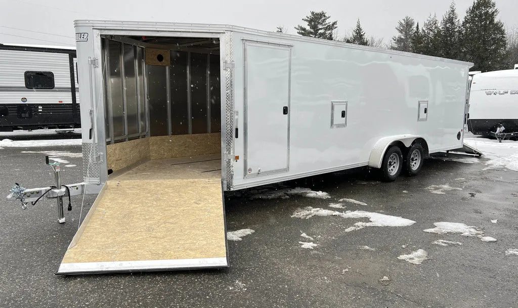 2024 E-Z Hauler 24 ft Trailer – Rear Canopy – Front ramp door fully deployed showing the wide entry for powersports