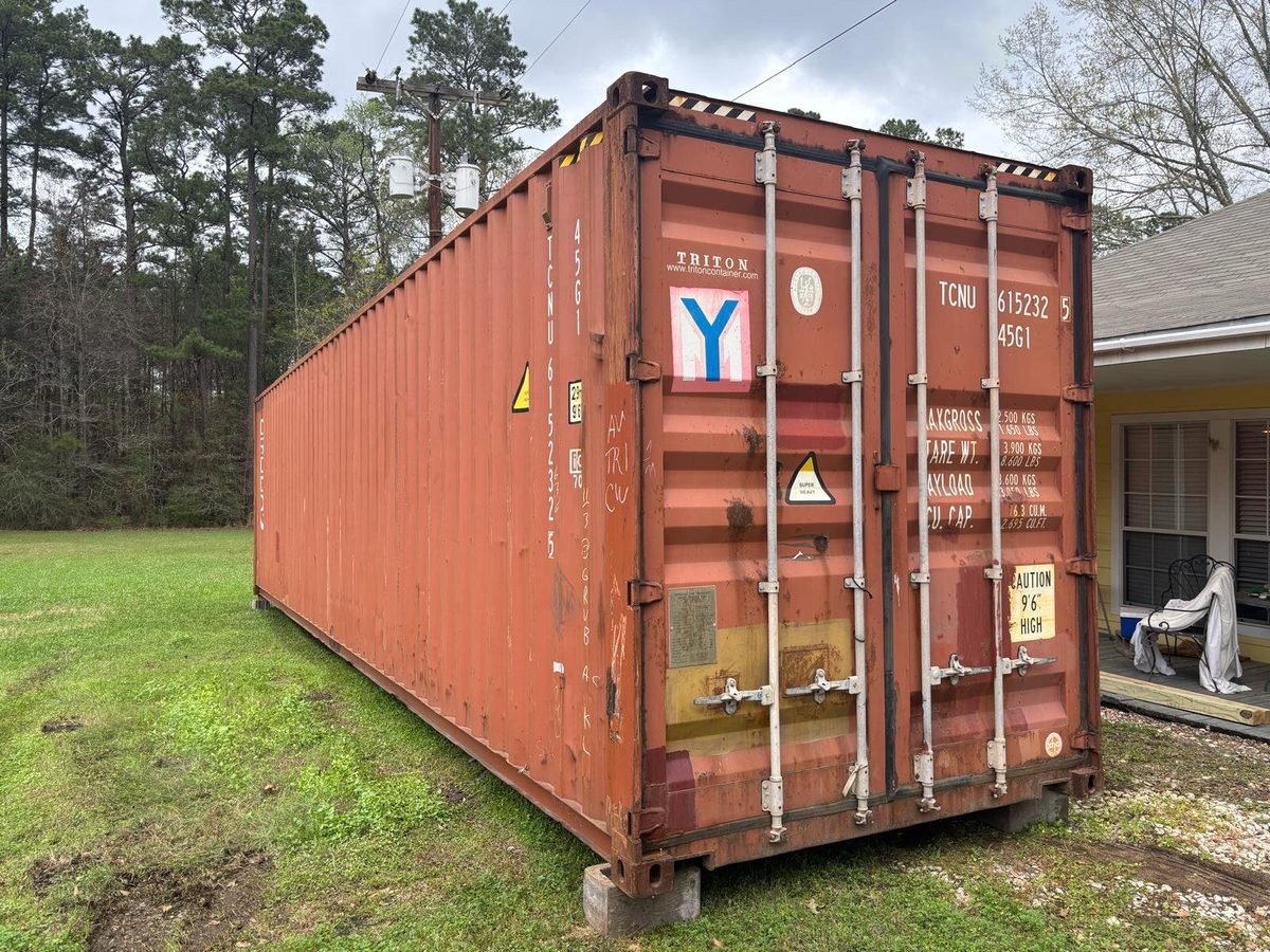 40ft High Cube Shipping Container – Used, Cargo Worthy – three-quarter exterior view of weathered container with cargo doors closed