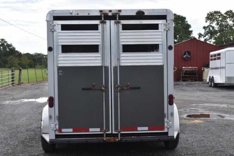 2018 Adam 3 Horse Gooseneck Trailer – Dressing Room – A straight-on view of the closed rear double doors of the trailer