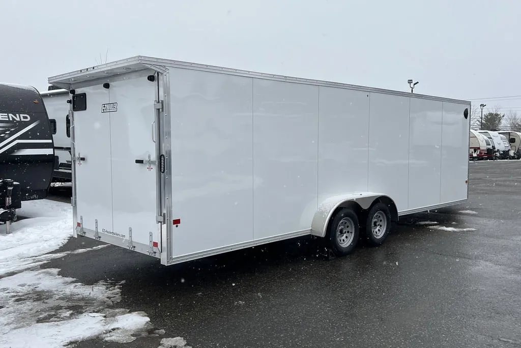 2024 E-Z Hauler 24 ft Trailer – Rear Canopy – Rear three-quarter view from the curbside showing the trailer length