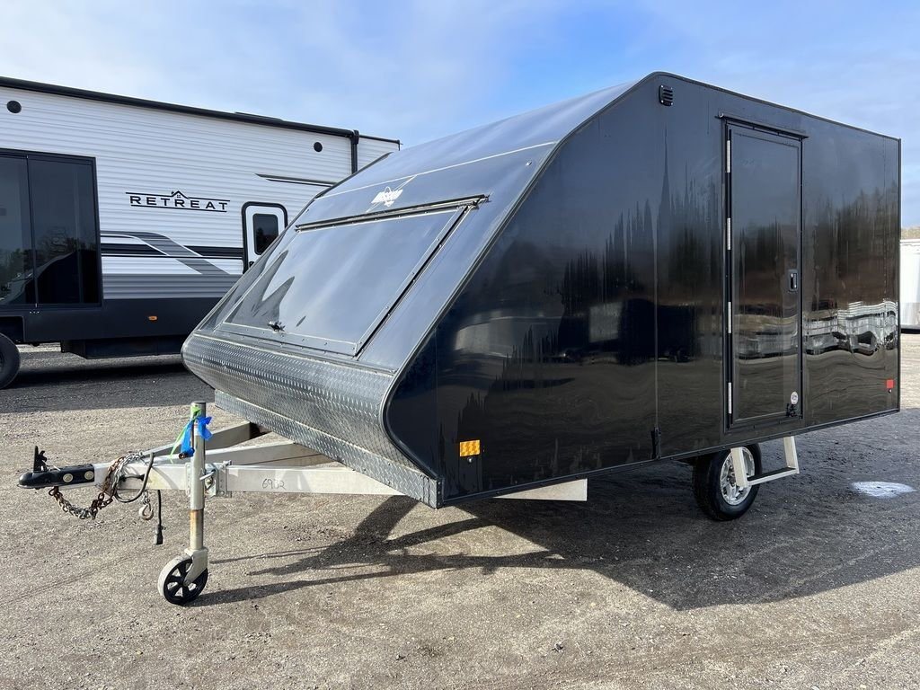2021 Mission Trailers 2-Place Hybrid – Blackout Package – Front three-quarter view of a black aluminum crossover hybrid snowmobile trailer