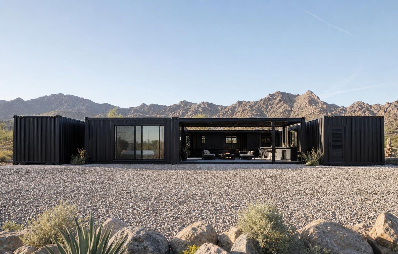 10-Module Container Home – The Ultimate, 3-Bedroom Courtyard – Experience sophisticated organization in this custom-built luxury walk-in closet featuring warm wood finishes and built-in lighting