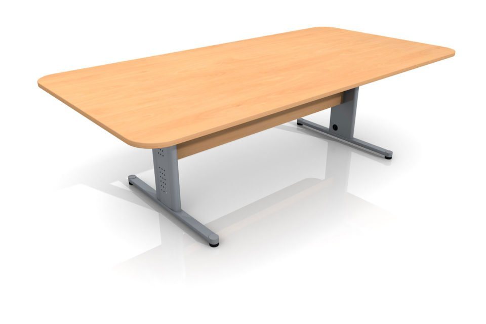 240 cm (94.5 in) Conference Table – Silver Frame – Light wood finish meeting table with gray metal legs on a white background