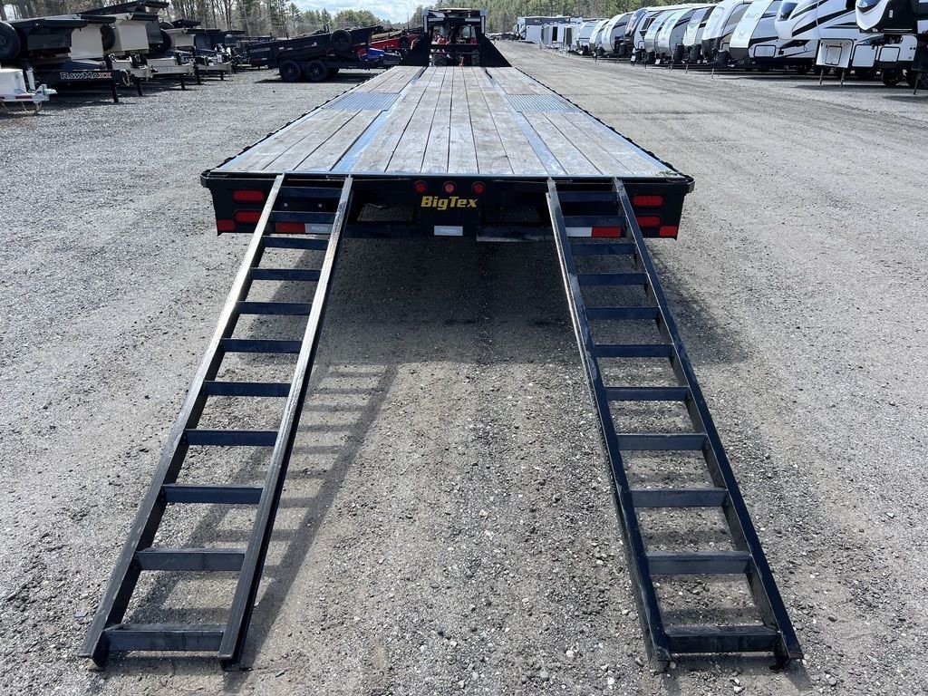2023 Big Tex 40 ft Equipment Trailer – Slide-Out Ramps – Symmetrical rear view showing both ramps extended from the wooden deck trailer