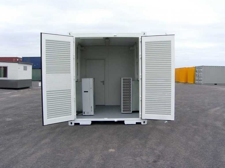 20 ft Switch Room Container – Insulated Panels – Rear view of a white container with large louvered doors open showing interior equipment