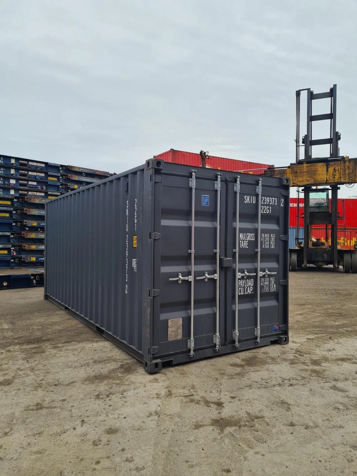 20ft One-Trip Shipping Container – Double Cargo Doors – three-quarter exterior view of grey container with cargo doors closed