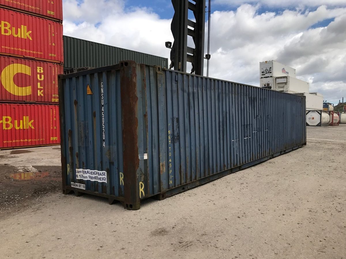 45ft High Cube Shipping Container – Used, Large-Capacity Storage – three-quarter exterior view of weathered blue container in storage yard