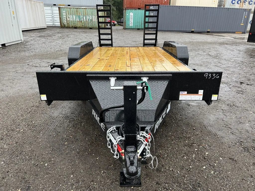 2024 Rice Trailers 16 ft Equipment Trailer – Toolbox – Direct front view of the trailer tongue, jack, and wooden deck