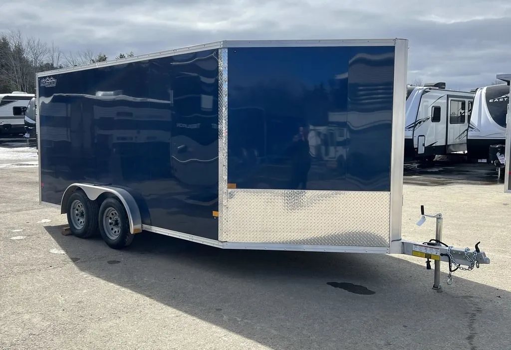 2023 High Country 14 ft Trailer – Blue, Drive-Through – Opposite side profile of the trailer showing the clean blue wall panels
