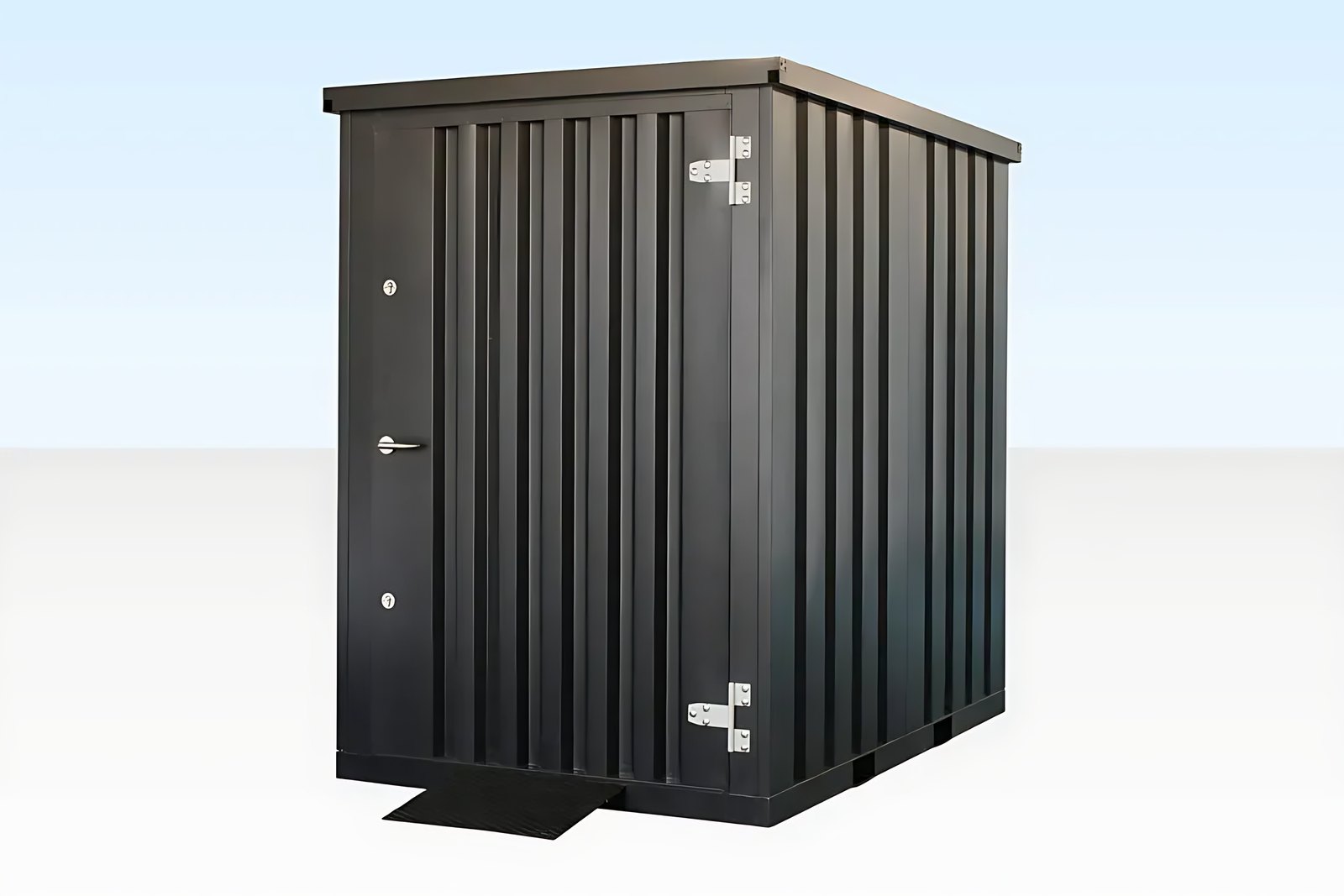 Flat Pack Steel Garden Store – Shelving And Retractable Ramp – three-quarter exterior view of steel shed with closed door