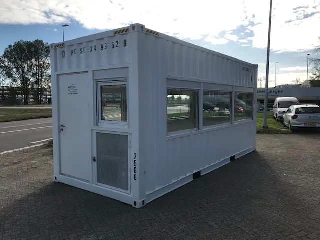 20ft High Cube Observation Office – Shuttered Windows – three-quarter exterior of white observation container with fixed windows