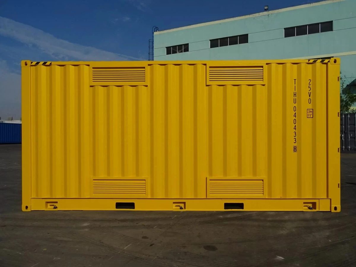 20ft Dangerous Goods Container – Bunded Floor and Ventilation – side view of yellow container with four ventilation grilles