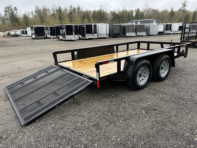 2024 Reiser Trailers 12 ft Landscape Trailer – Ramp Gate – High angle rear view of the trailer with the ramp down, showing the interior deck