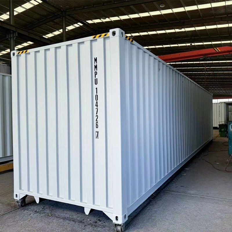 40ft High Cube Shipping Container – 4 Side Doors + End Access – three-quarter exterior view of white container inside warehouse