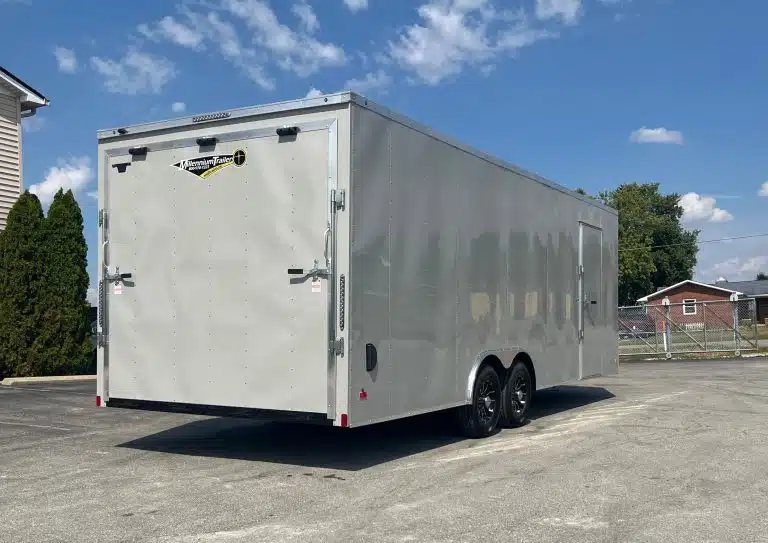 2026 Millennium Hero 24 ft Car Hauler – Gray Dove – Rear exterior view of the enclosed trailer showing the heavy duty ramp door closed