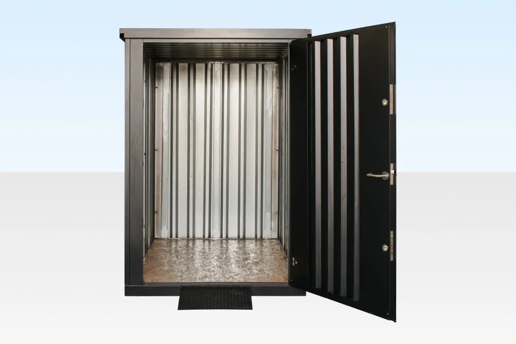 Flat Pack Steel Garden Store – Shelving And Retractable Ramp – steel storage shed with open door and empty interior (4)