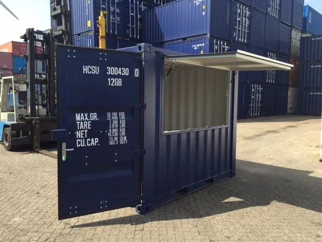 10ft Custom Bar Container – Serving Hatch and Secure Storage – blue bar container with raised serving hatch and open door